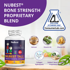 NuBest Tall 10+ label closeup highlighting calcium and vitamins for teens.