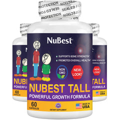 NuBest Tall bottle cap showing calcium and collagen blend for bone support.