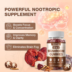 Nubetong Mushroom Gummies bottle label close-up with vegan, non‑GMO cues