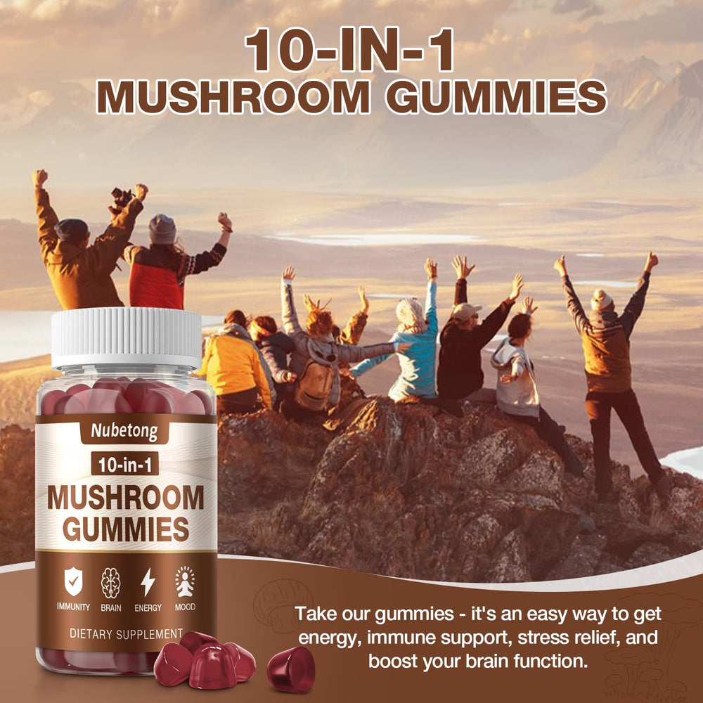 Nubetong Mushroom Gummies ingredients scene emphasizing vegan and non‑GMO formula