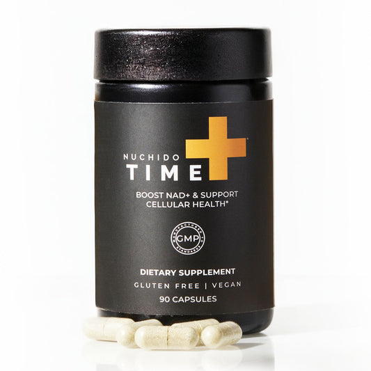 Nuchido Time+ bottle front showing modern design and daily energy focus.
