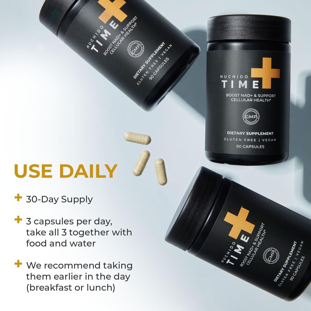 Time+ capsules with water illustrating easy daily intake practice.