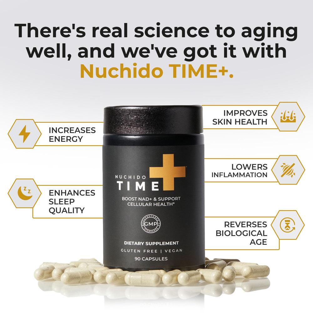 Label detail of Nuchido Time+ showing vegan, gluten-free notes.