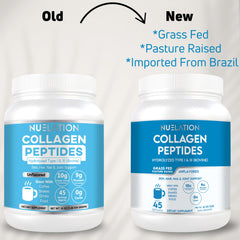 NUELATION collagen powder scoop shows 10g collagen and 9g protein per serving.