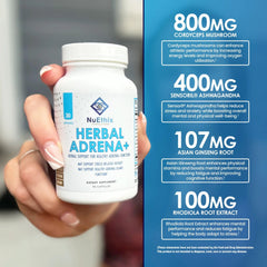 NuEthix Adrena+ label close-up showing gluten-free and non-GMO formulation.