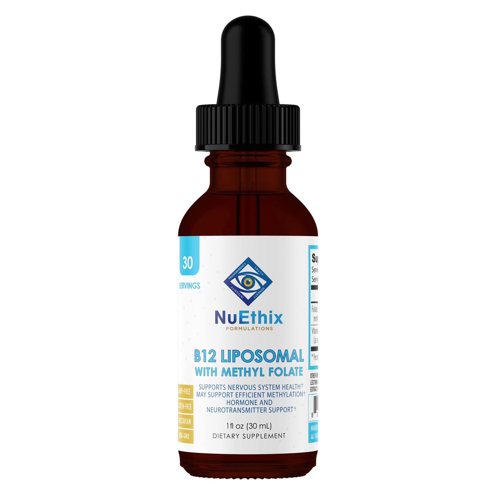 NuEthix B12 Liposomal bottle highlighting energy support potential.