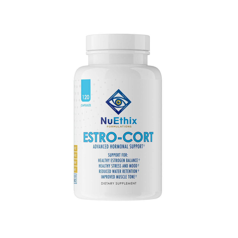 NuEthix Estro-Cort bottle with pour showing balance and calm