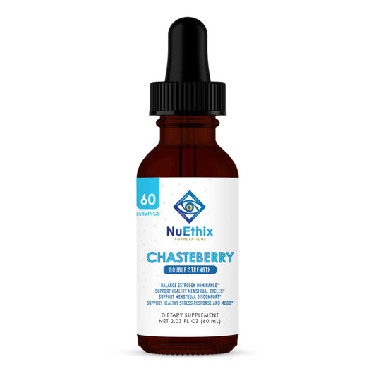 NuEthix Formulations Chasteberry bottle may support estrogen balance and cycle regularity.