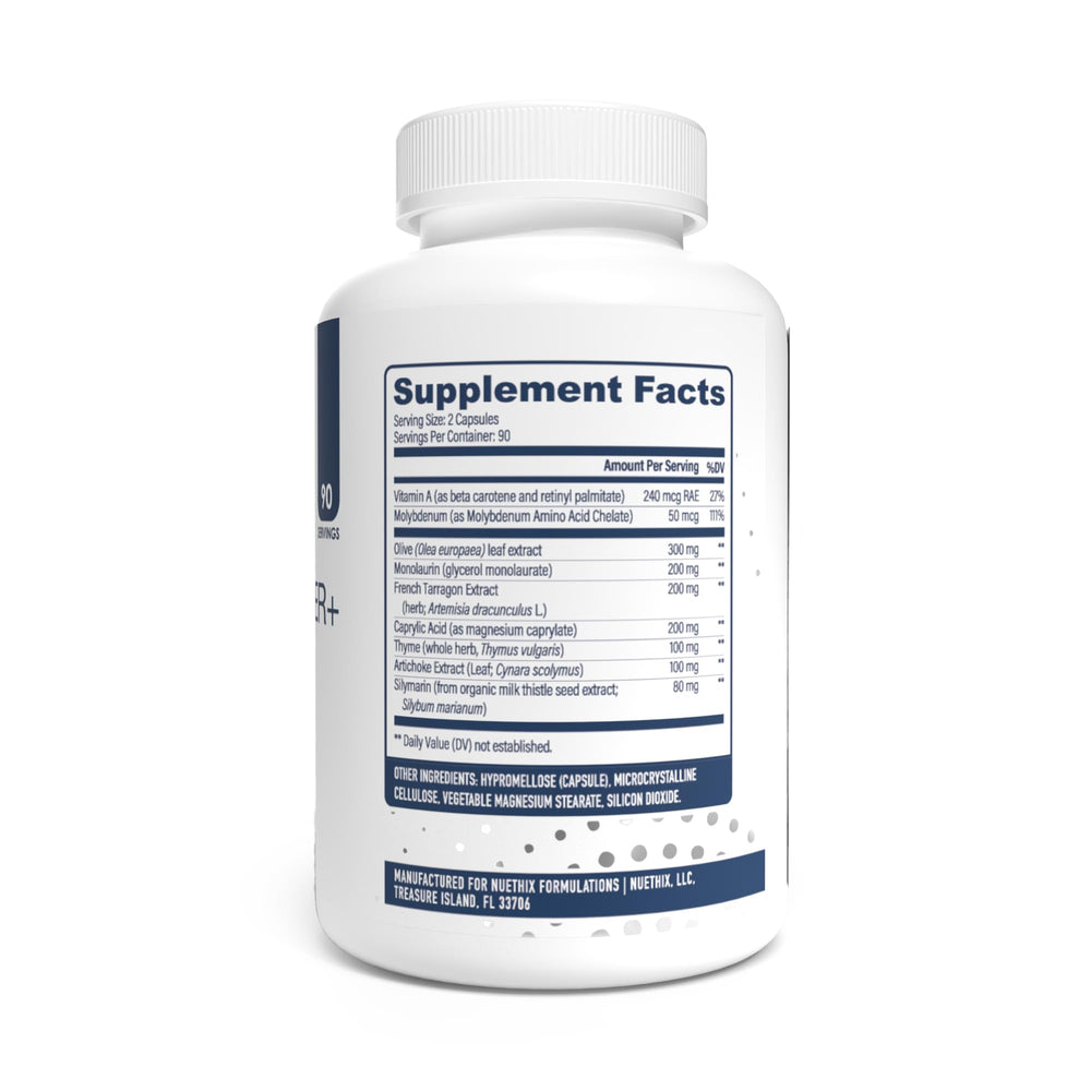 NuEthix Gut Defender+ capsules close-up highlights quality and easy-to-swallow capsules.
