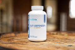 NuEthix Gut Defender+ microbiome illustration suggests digestive balance potential.