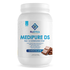 NuEthix Medipure DS bottle in chocolate flavor for non-caffeinated detox support.