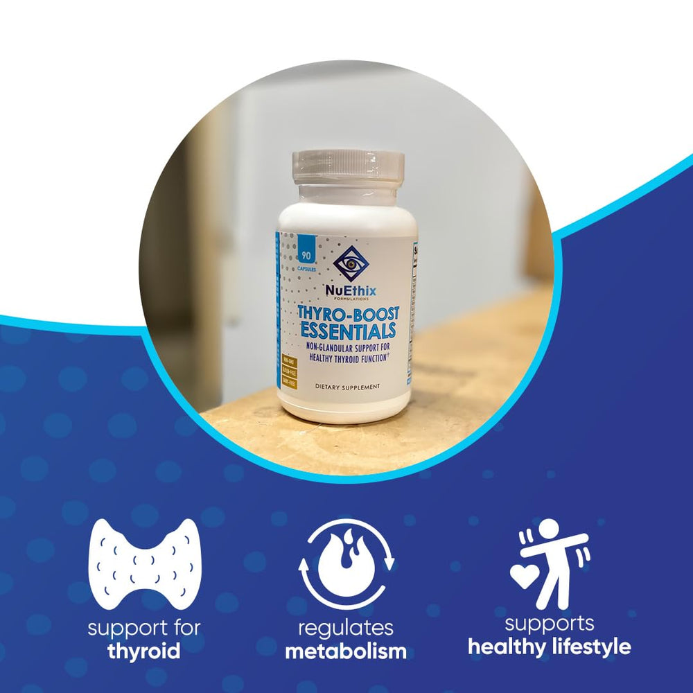 Glass of water with NuEthix Thyro-Boost Essentials bottle, easy daily routine.