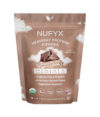 NUFYX Heavenly Protein Dreamy Chocolate packaging highlights vegan, organic pea protein from US farms