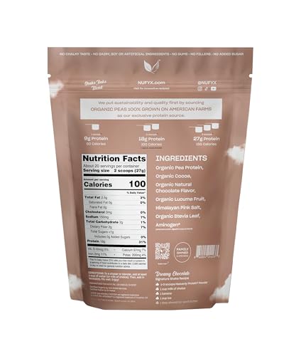 NUFYX Heavenly Protein Dreamy Chocolate scoop ready to mix into a shake
