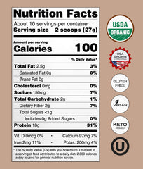 NUFYX Heavenly Protein Dreamy Chocolate scoop with powder highlights plant-based protein per serving