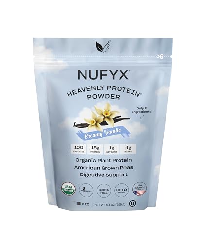 NUFYX Heavenly Protein Vanilla bag shows organic peas for clean protein.