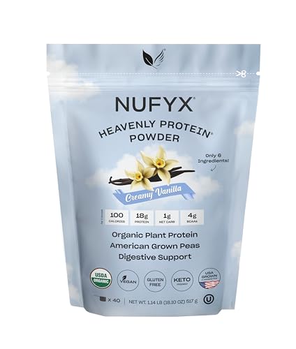 NUFYX Heavenly Protein vanilla tub highlights 100 organic peas for vegan nutrition.