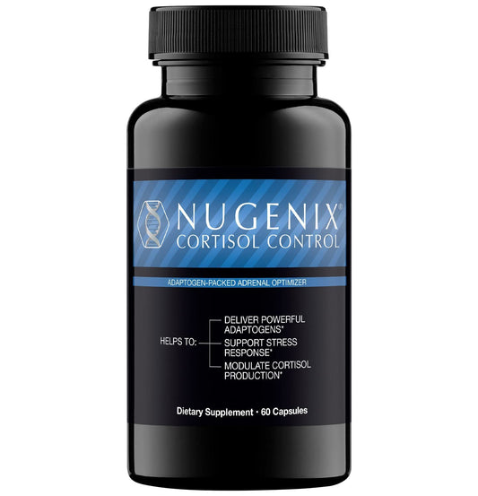 Nugenix Cortisol Control bottle demonstrates daily adrenal support and cortisol balance.
