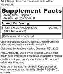 Nugenix Essentials Shilajit capsules close-up showing 500 mg potency per capsule.