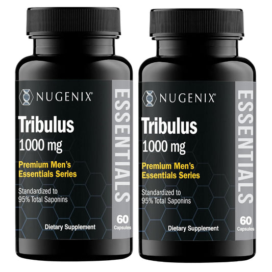 Nugenix Essentials Tribulus bottle shown for daily male health support with high-potency extract.
