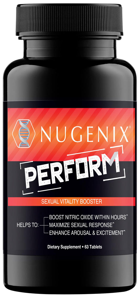 Nugenix Perform bottle front view showing nitric oxide support for stamina
