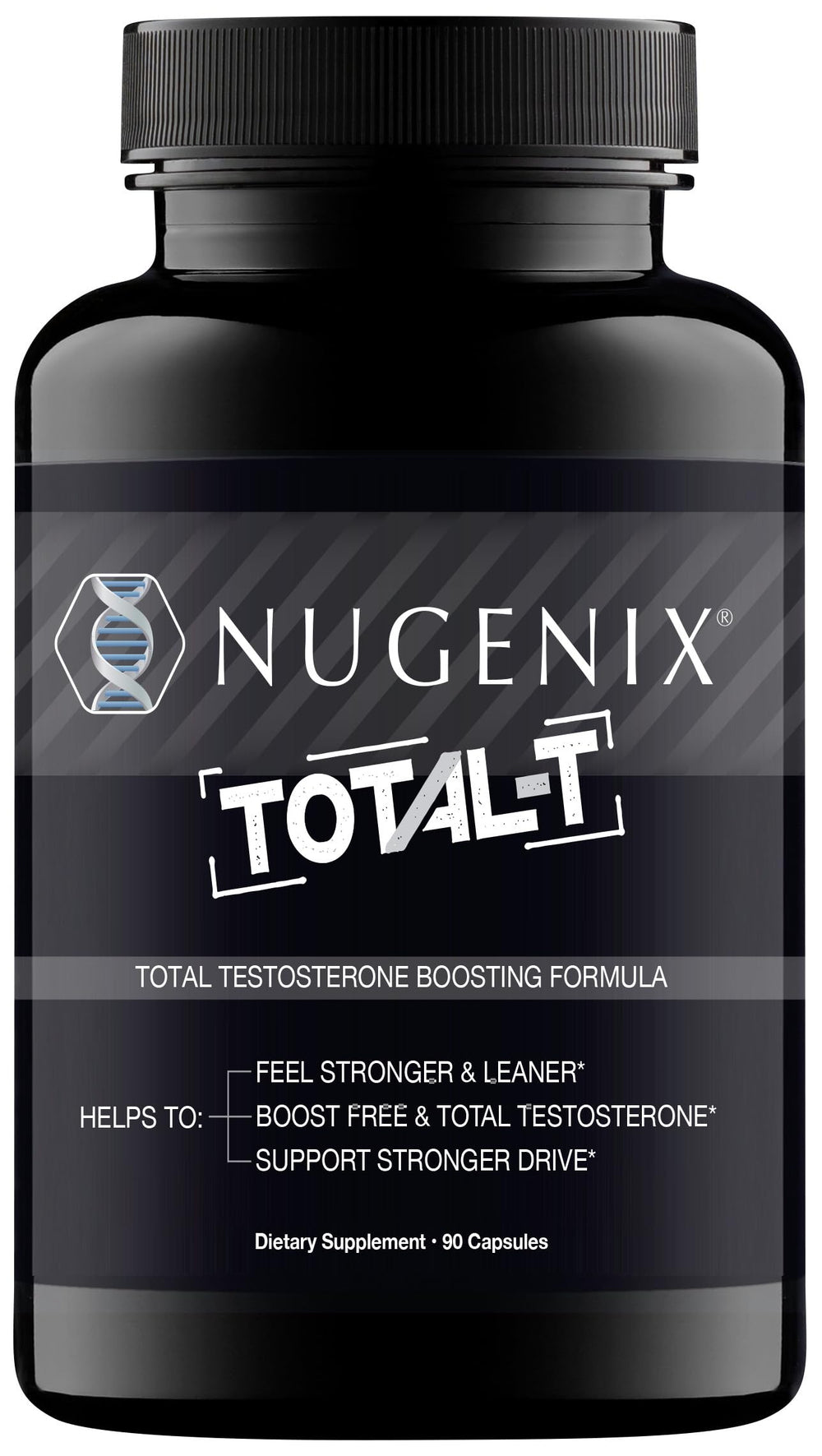 Nugenix Total-T bottle front, signaling energy support for workouts.