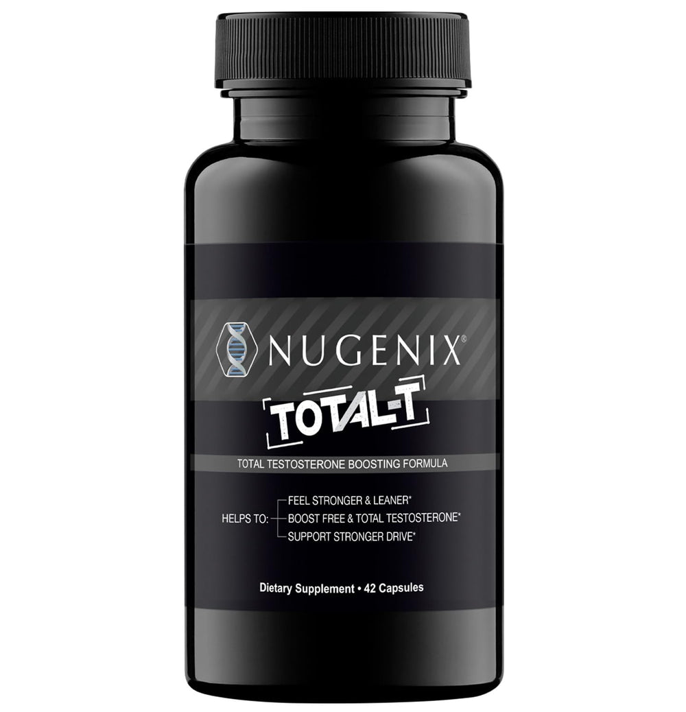 Nugenix Total-T bottle front showing bold packaging for daily testosterone support
