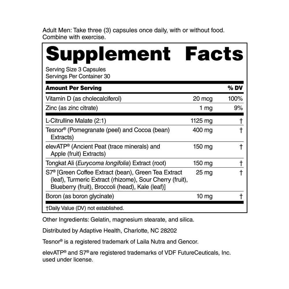 Nugenix Total-T2 label closeup reveals Tesnor patent blend and core ingredients.