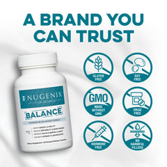Nugenix Women Balance capsules close-up highlighting Ashwagandha and turmeric