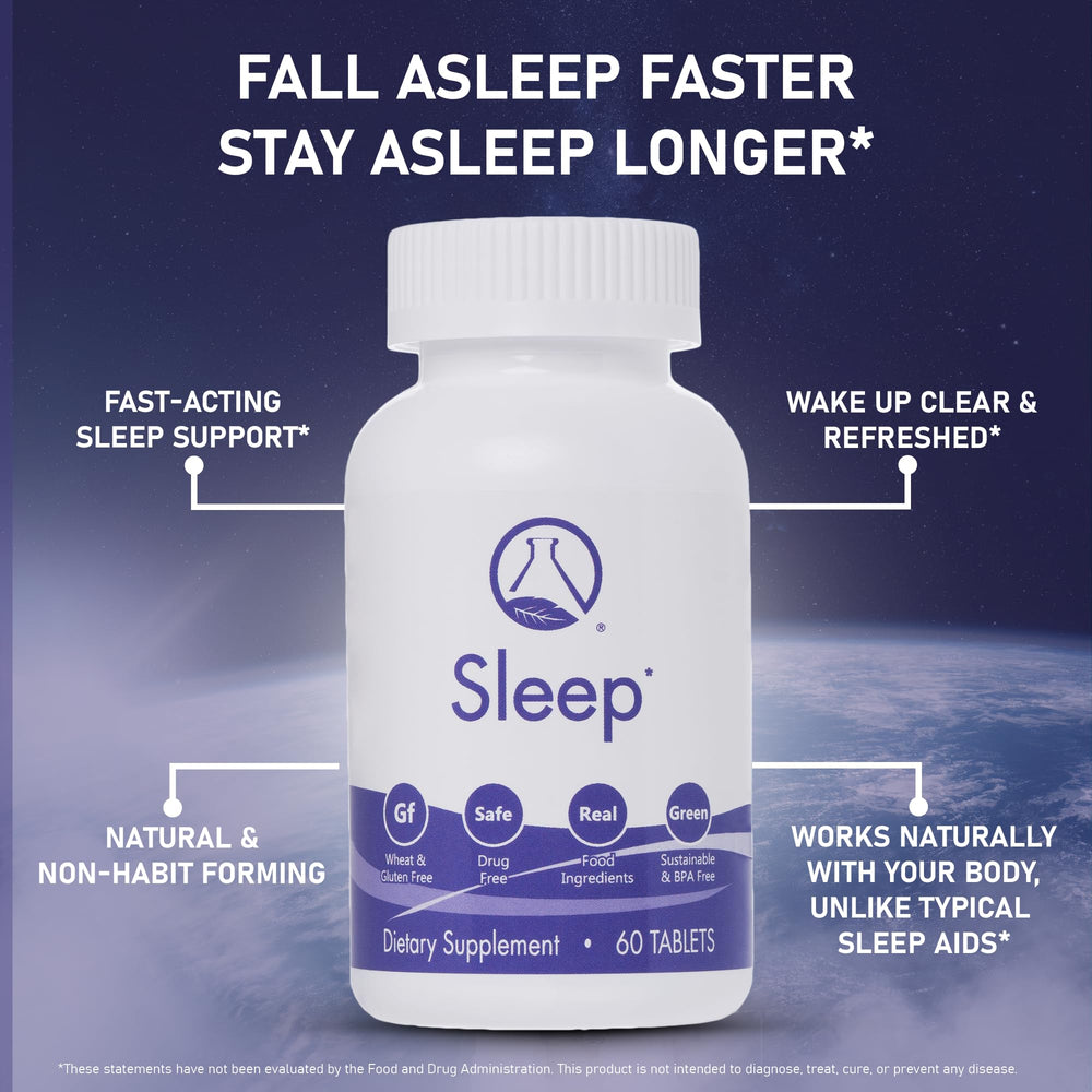 Close-up of Nugevity Sleeping Aid tablets showing non-habit forming relaxation.