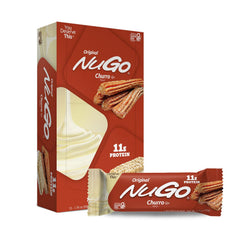NuGo Churro bar packaging highlights gluten-free label and protein benefits for on-the-go snacking