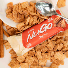 NuGo Churro bar yogurt coating detail emphasizes smooth texture and flavor