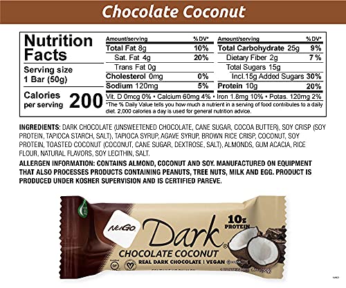 NuGo Dark Chocolate Coconut bar on the go, convenient protein snack