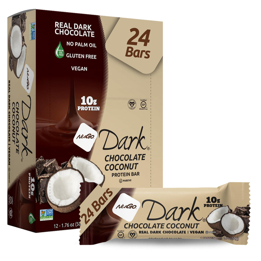 NuGo Dark Chocolate Coconut bar packaging highlighting vegan and gluten-free snack