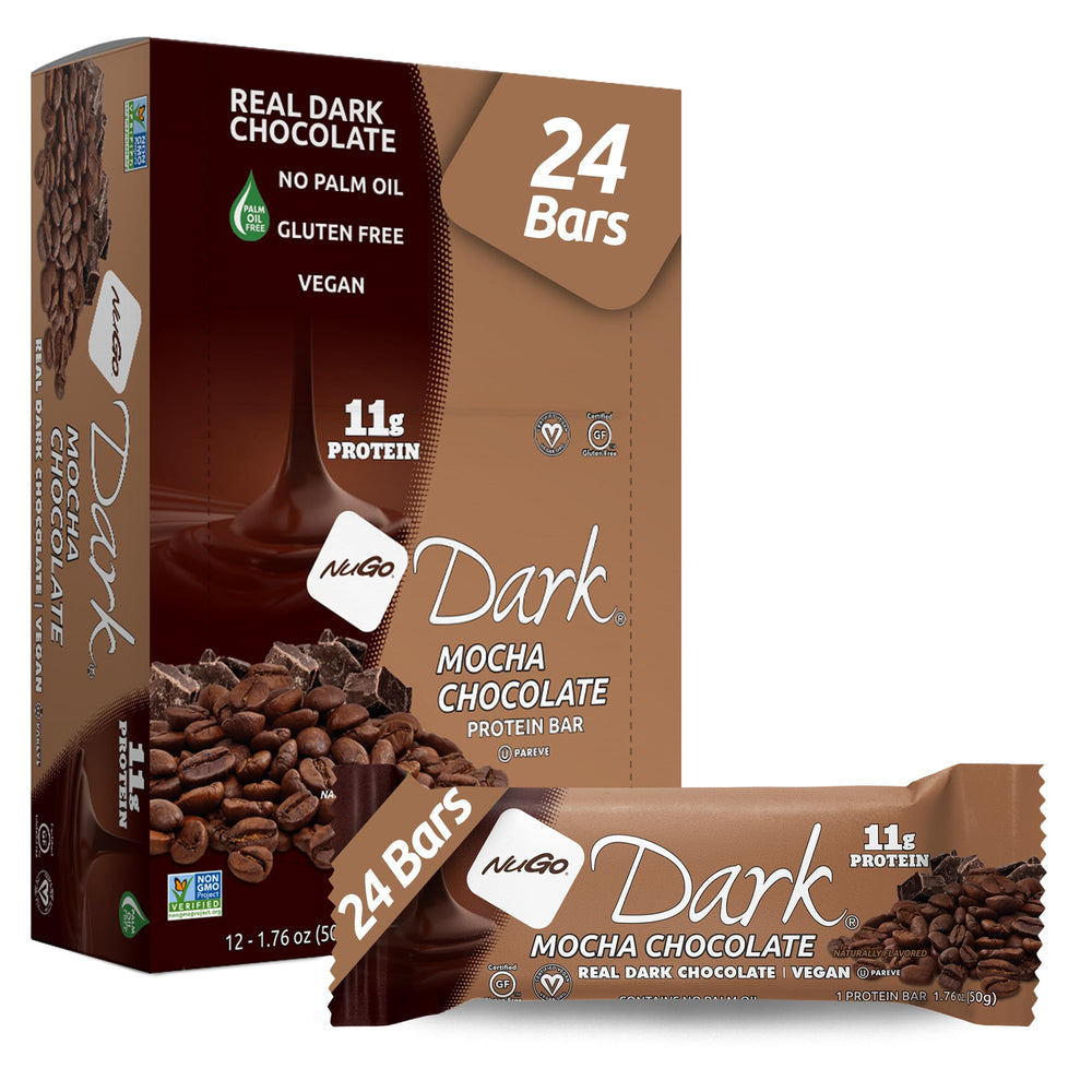 NuGo Dark Chocolate Mocha bar with real dark chocolate coating for a protein snack.