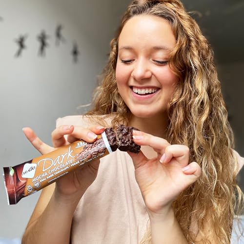 Pack shot of NuGo Dark Chocolate Mocha with 24-count box for convenient nutrition.