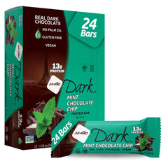 NuGo Dark Mint Chocolate Chip bar dipped in real dark chocolate for indulgent flavor and protein.