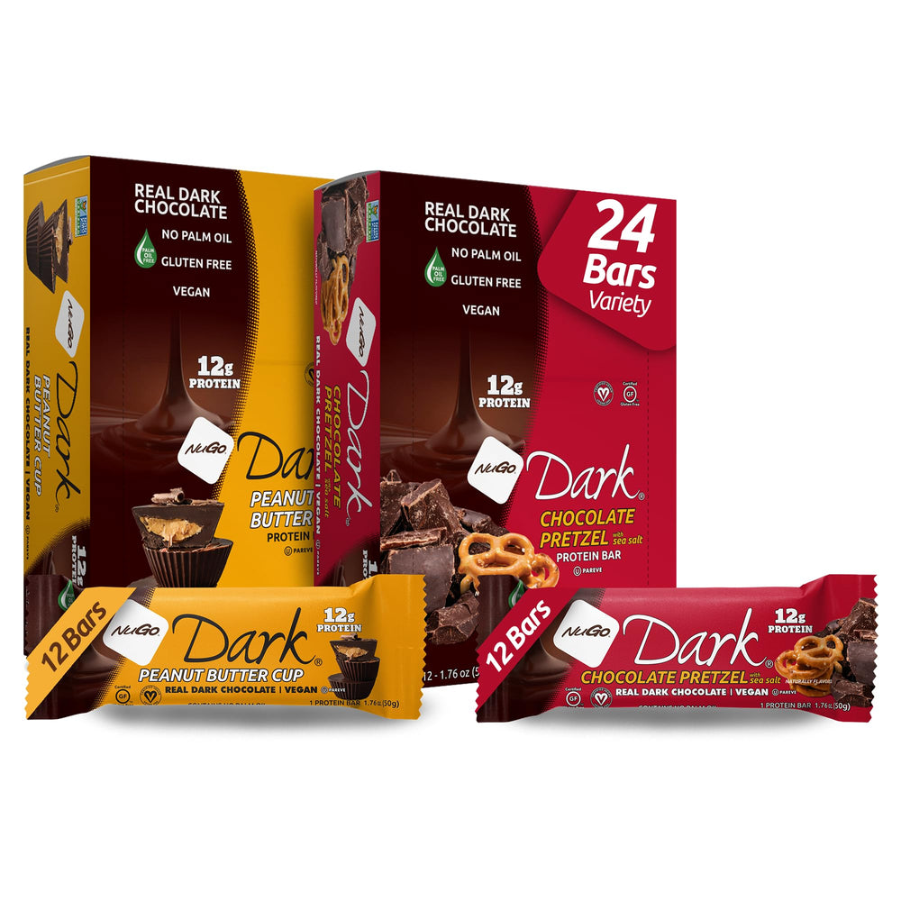 NuGo Dark Pretzel Sea Salt bar with gluten-free vegan ingredients and 12g protein