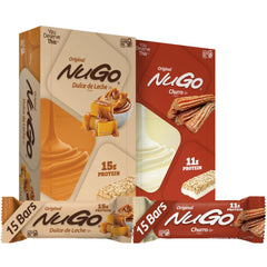NuGo Dulce de Leche bar wrapper close-up, protein-packed snack for busy days