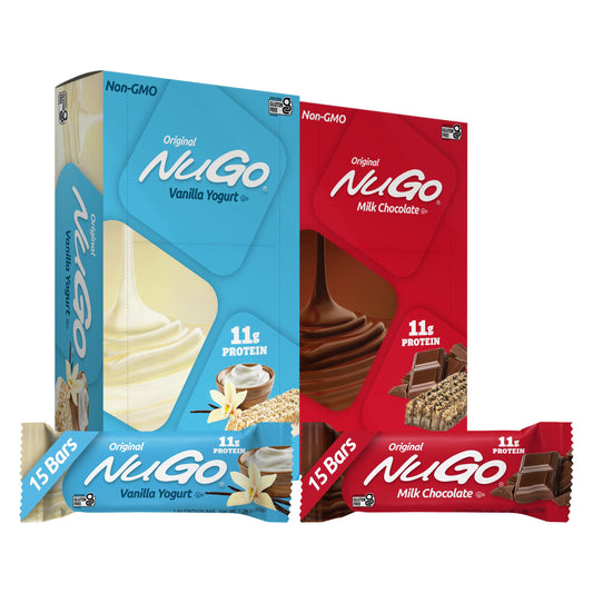 NuGo Original Vanilla Yogurt bar close-up with creamy coating and protein boost.