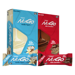 NuGo Original Vanilla Yogurt bar close-up with creamy coating and protein boost.