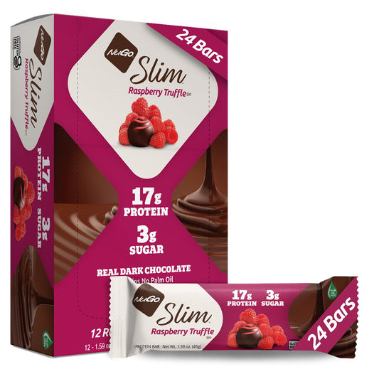 NuGo Slim Dark Chocolate Raspberry Truffle bar on box front, a protein-packed snack for busy days