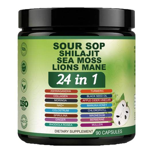 Nukupuns Soursop Capsules bottle showing 24-in-1 formula for daily wellness.