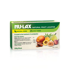 NULAX Fruit Laxative Block packaging shows natural fruit ingredients for gentle daily support.