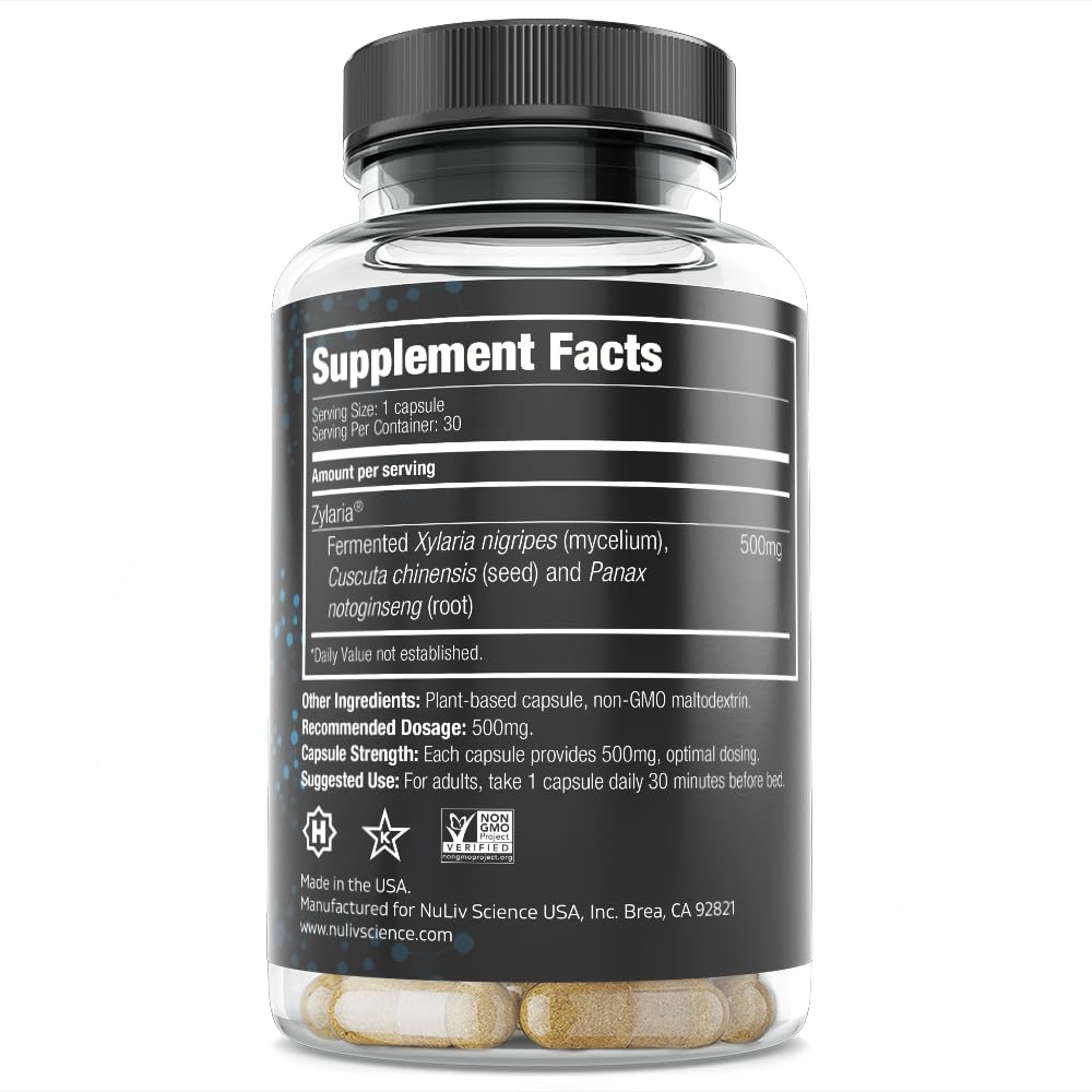 Nuliv Science Zylaria capsules close-up, highlighting bottle with 60 capsules for deep sleep support