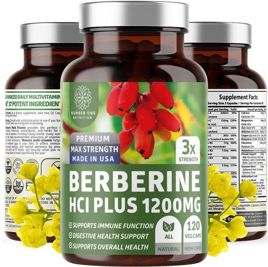 Number One Nutrition N1N Premium Berberine Plus bottle highlighting 1200mg potency for daily use