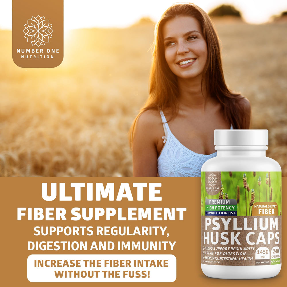 Closeup of psyllium capsules highlighting high potency fiber per serving