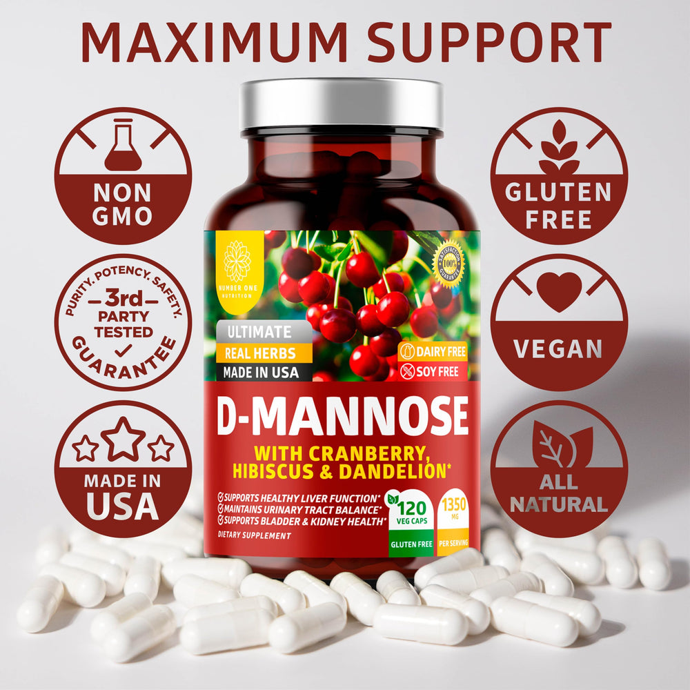 Number One Nutrition Premium D Mannose Cranberry Hibiscus lifestyle imagery suggests daily routines and wellness support