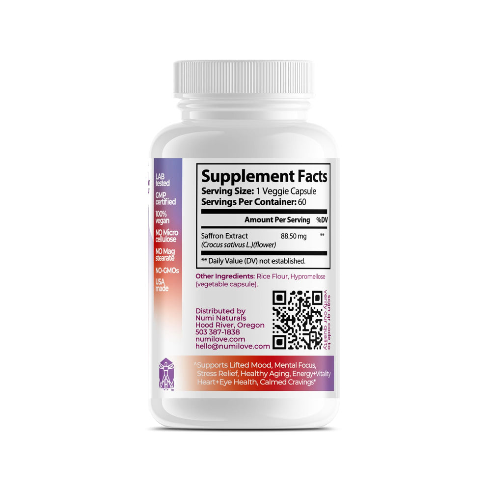 Numi Naturals mood-support saffron capsules for demanding days.