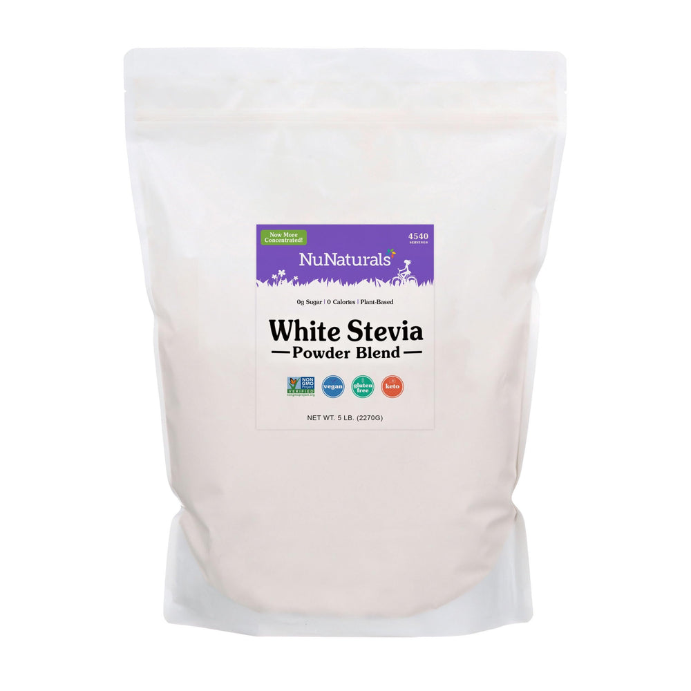 NuNaturals White Stevia Powder packaging shows a 5 lb bag for versatile sugar-free sweetness